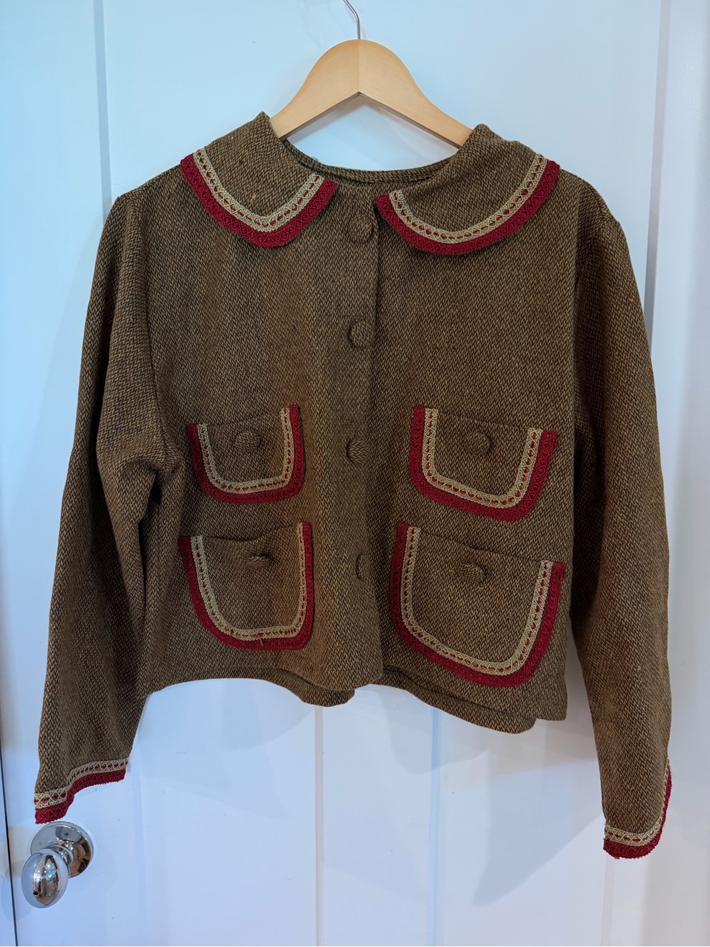 Classic Brown Tweed Blazer with Red Trim